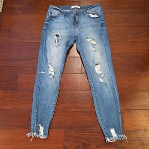 Kancan Skinny Super Distressed Blue Jeans, Size 13/30.